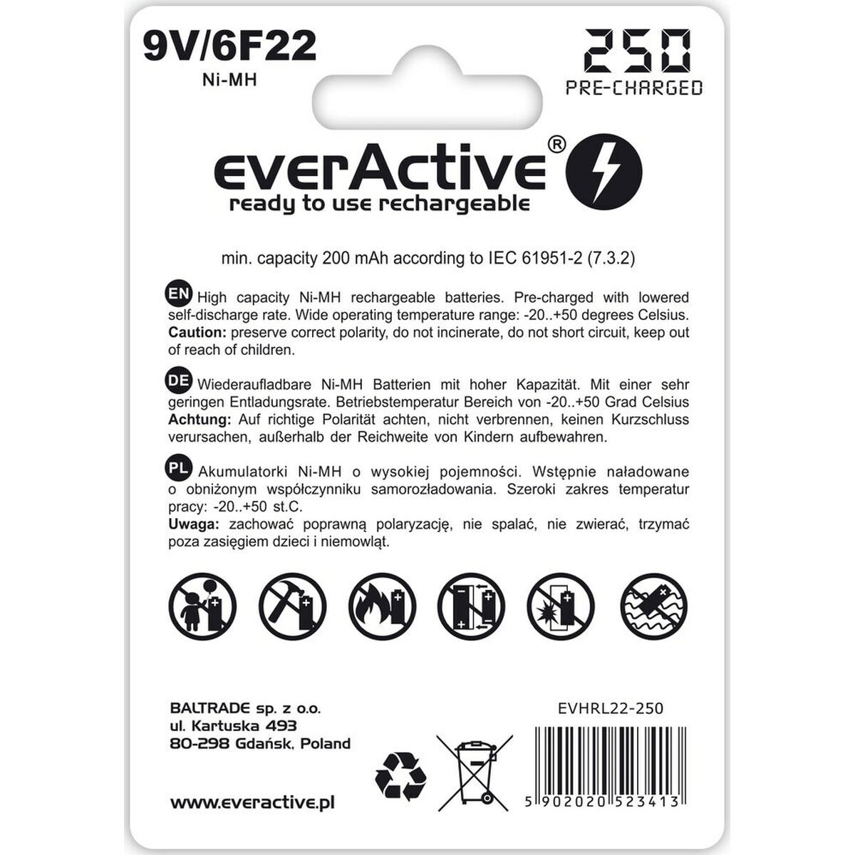 Piles Rechargeables EverActive EVHRL22-250 6F22 200 mAh 9 V